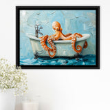 Cute Octopus In Bathtube Bathroom, Framed Canvas Print Wall Art Decor, Floating Frame Painting Canvas