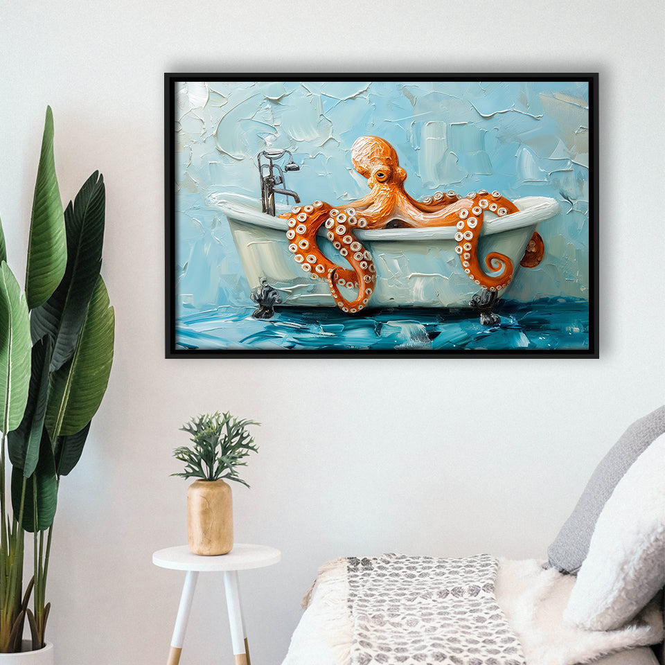 Cute Octopus In Bathtube Bathroom, Framed Canvas Print Wall Art Decor, Floating Frame Painting Canvas