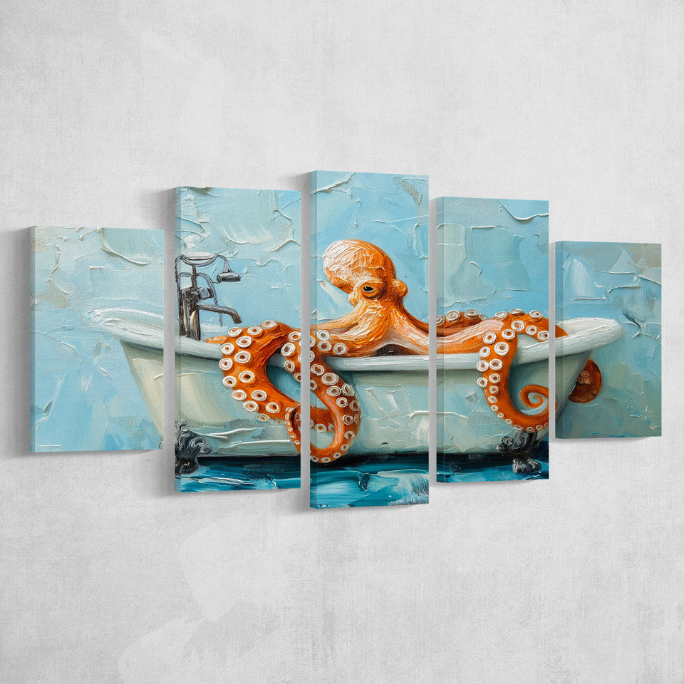 Cute Octopus In Bathtube Bathroom, Mixed 5 Panel Canvas Print Wall Art Home Decor, Large Canvas Painting