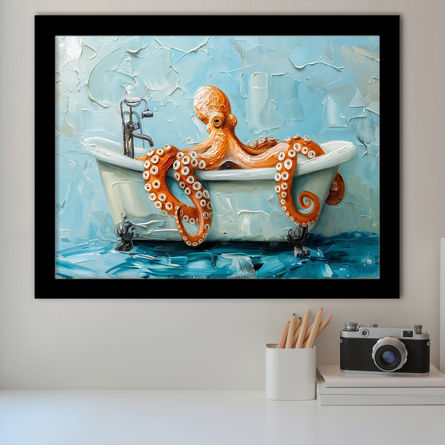 Cute Octopus In Bathtube Bathroom, Framed Art Print Wall Decor, Picture Framed Painting Art