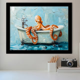 Cute Octopus In Bathtube Bathroom, Framed Art Print Wall Decor, Picture Framed Painting Art