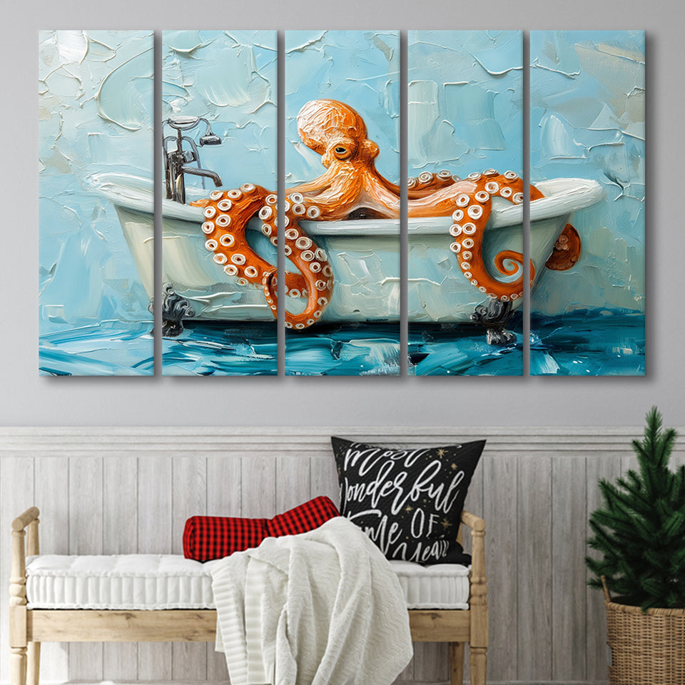 Cute Octopus In Bathtube Bathroom, Mixed 5 Panel B Canvas Print Wall Art Decor, Extra Large Painting Canvas