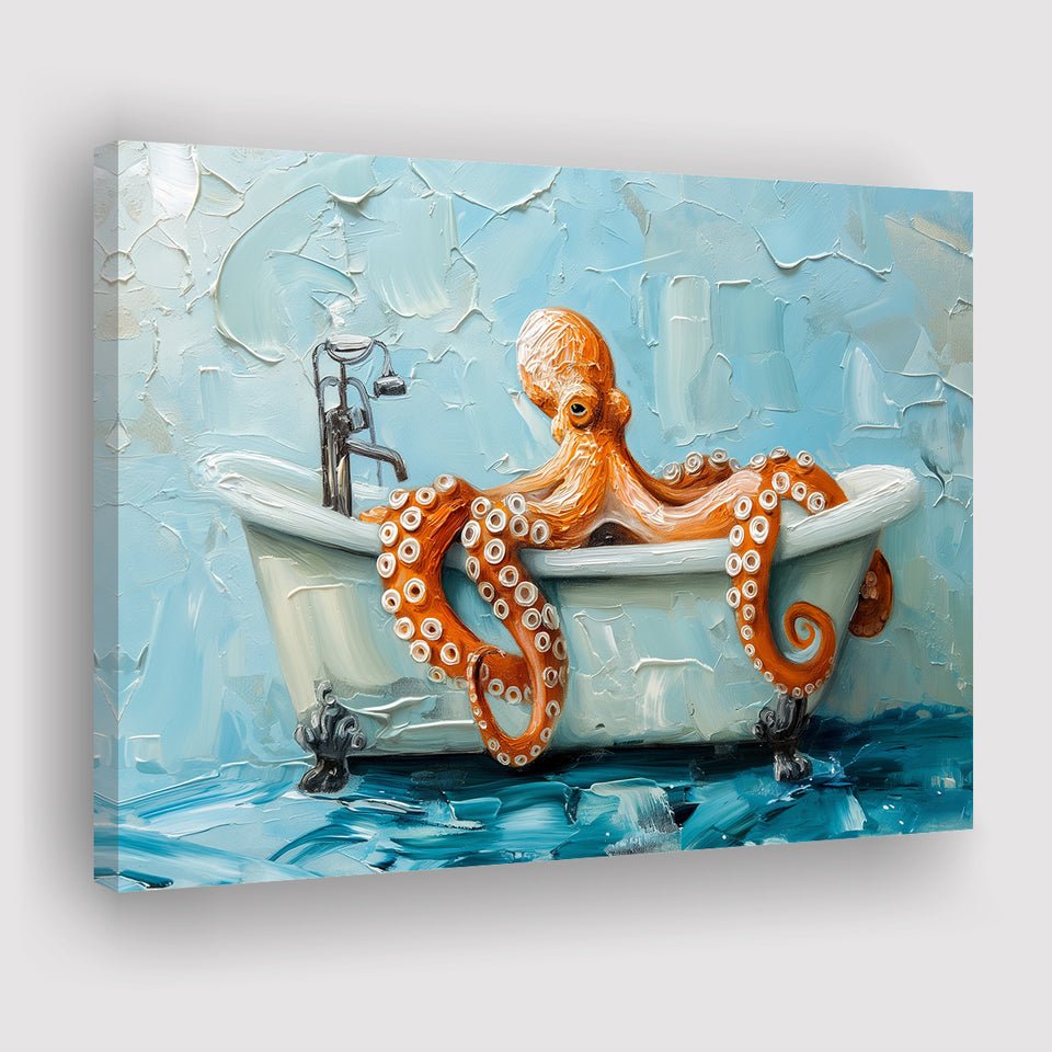 Cute Octopus In Bathtube Bathroom, Canvas Print Wall Art Home Decor, Painting Canvas Art Print