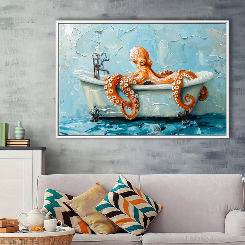 Cute Octopus In Bathtube Bathroom, Framed Canvas Print Wall Art Decor, Floating Frame Painting Canvas