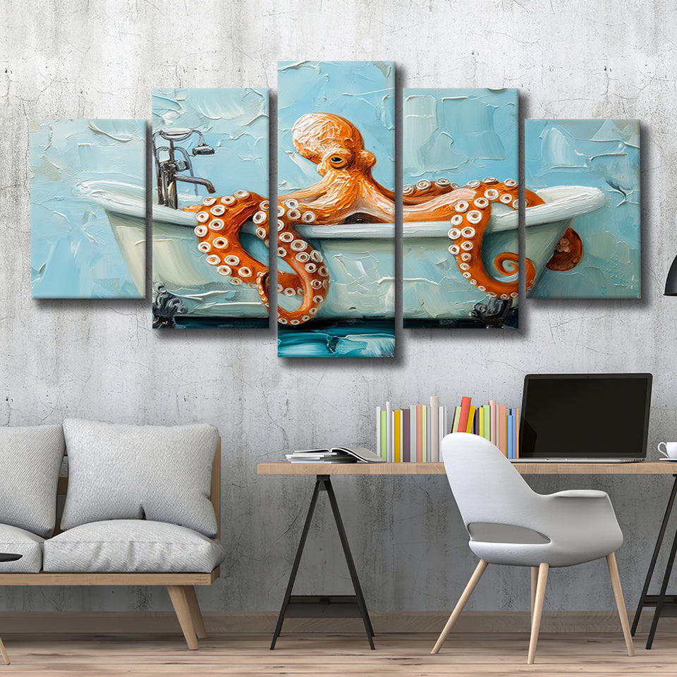Cute Octopus In Bathtube Bathroom, Mixed 5 Panel Canvas Print Wall Art Home Decor, Large Canvas Painting