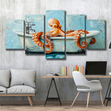 Cute Octopus In Bathtube Bathroom, Mixed 5 Panel Canvas Print Wall Art Home Decor, Large Canvas Painting