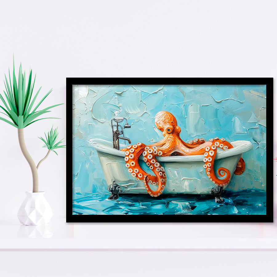 Cute Octopus In Bathtube Bathroom, Framed Art Print Wall Decor, Picture Framed Painting Art