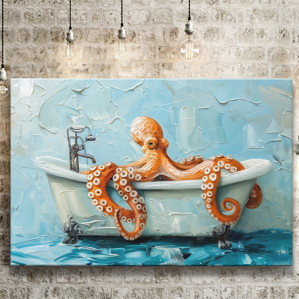 Cute Octopus In Bathtube Bathroom, Canvas Print Wall Art Home Decor, Painting Canvas Art Print