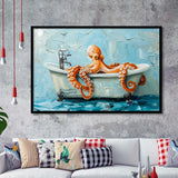 Cute Octopus In Bathtube Bathroom, Framed Art Print Wall Decor, Picture Framed Painting Art