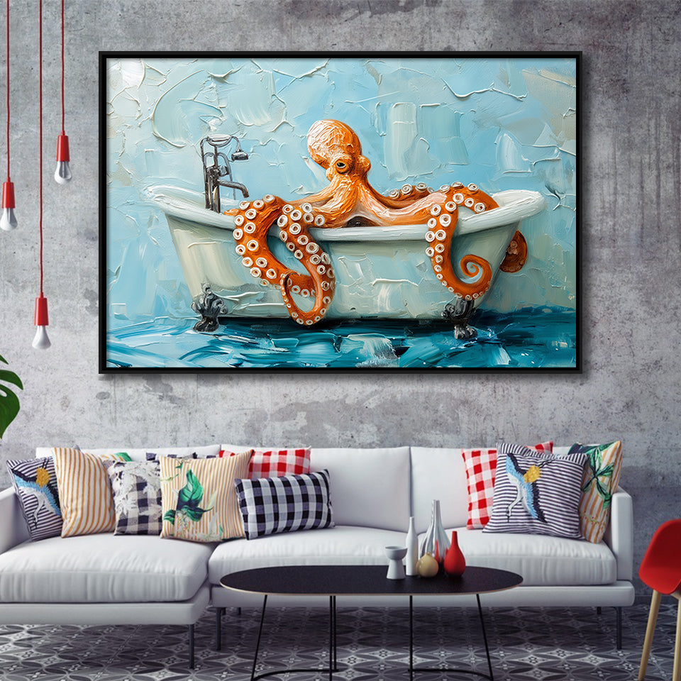 Cute Octopus In Bathtube Bathroom, Framed Canvas Print Wall Art Decor, Floating Frame Painting Canvas