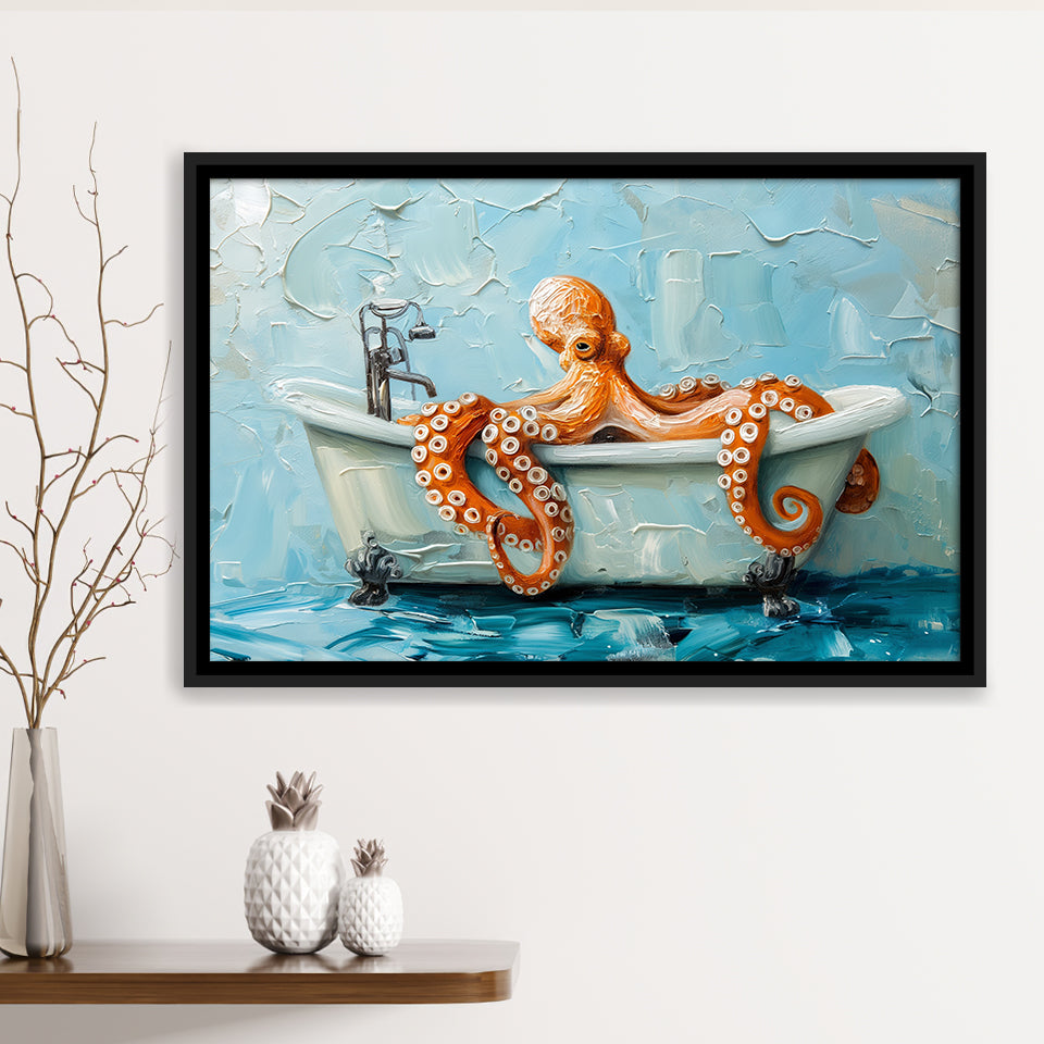 Cute Octopus In Bathtube Bathroom, Framed Canvas Print Wall Art Decor, Floating Frame Painting Canvas