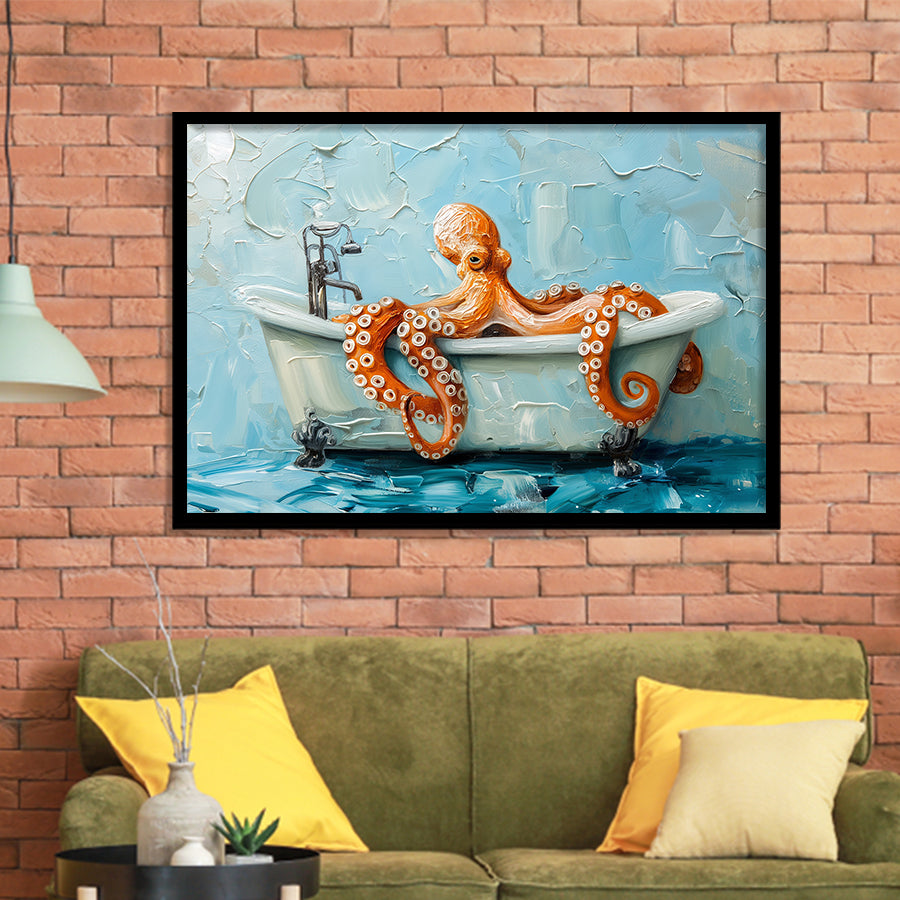 Cute Octopus In Bathtube Bathroom, Framed Art Print Wall Decor, Picture Framed Painting Art