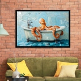Cute Octopus In Bathtube Bathroom, Framed Art Print Wall Decor, Picture Framed Painting Art