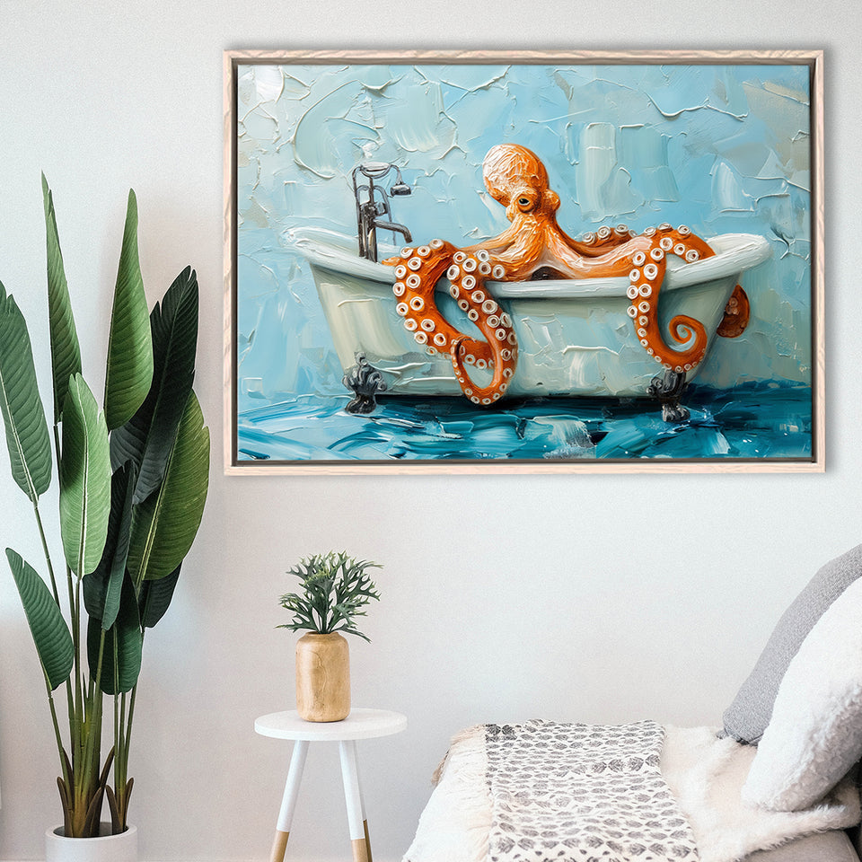 Cute Octopus In Bathtube Bathroom, Framed Canvas Print Wall Art Decor, Floating Frame Painting Canvas