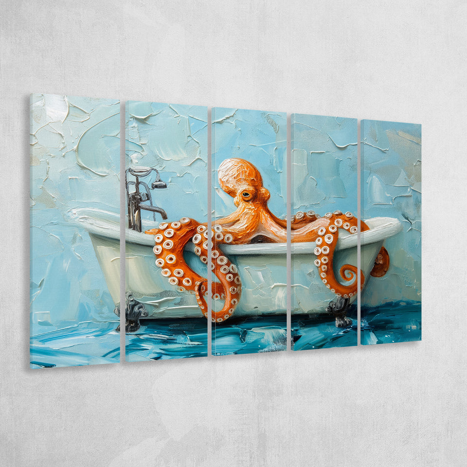 Cute Octopus In Bathtube Bathroom, Mixed 5 Panel B Canvas Print Wall Art Decor, Extra Large Painting Canvas