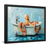 Cute Octopus In Bathtube Bathroom, Framed Art Print Wall Decor, Picture Framed Painting Art
