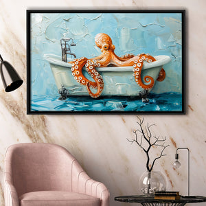 Cute Octopus In Bathtube Bathroom, Framed Canvas Print Wall Art Decor, Floating Frame Painting Canvas