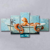 Cute Octopus In Bathtube Bathroom, Mixed 5 Panel Canvas Print Wall Art Home Decor, Large Canvas Painting