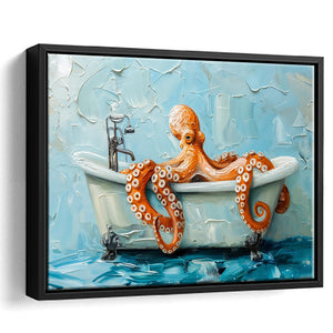 Cute Octopus In Bathtube Bathroom, Framed Canvas Print Wall Art Decor, Floating Frame Painting Canvas