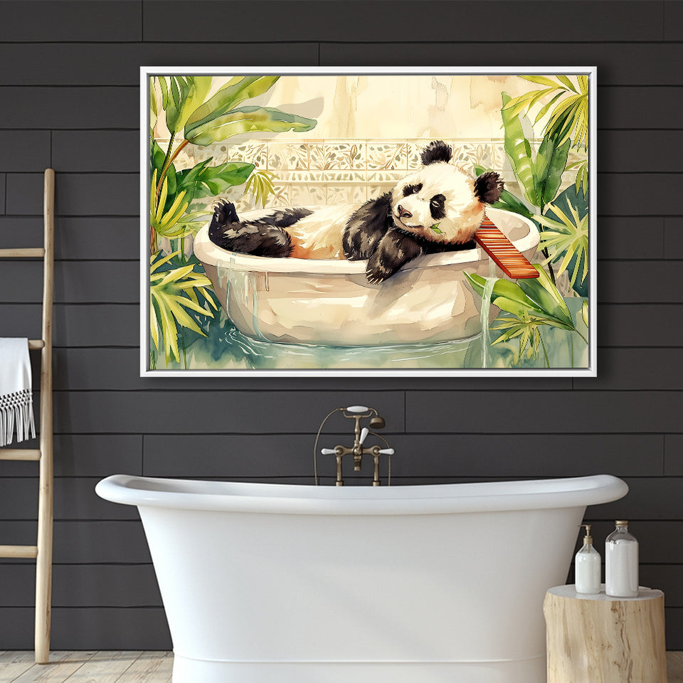 Cute Panda In Bathtub Bathroom Vintage Style, Bathroom Art Decor Framed Canvas Prints Wall Art,Floating Frame