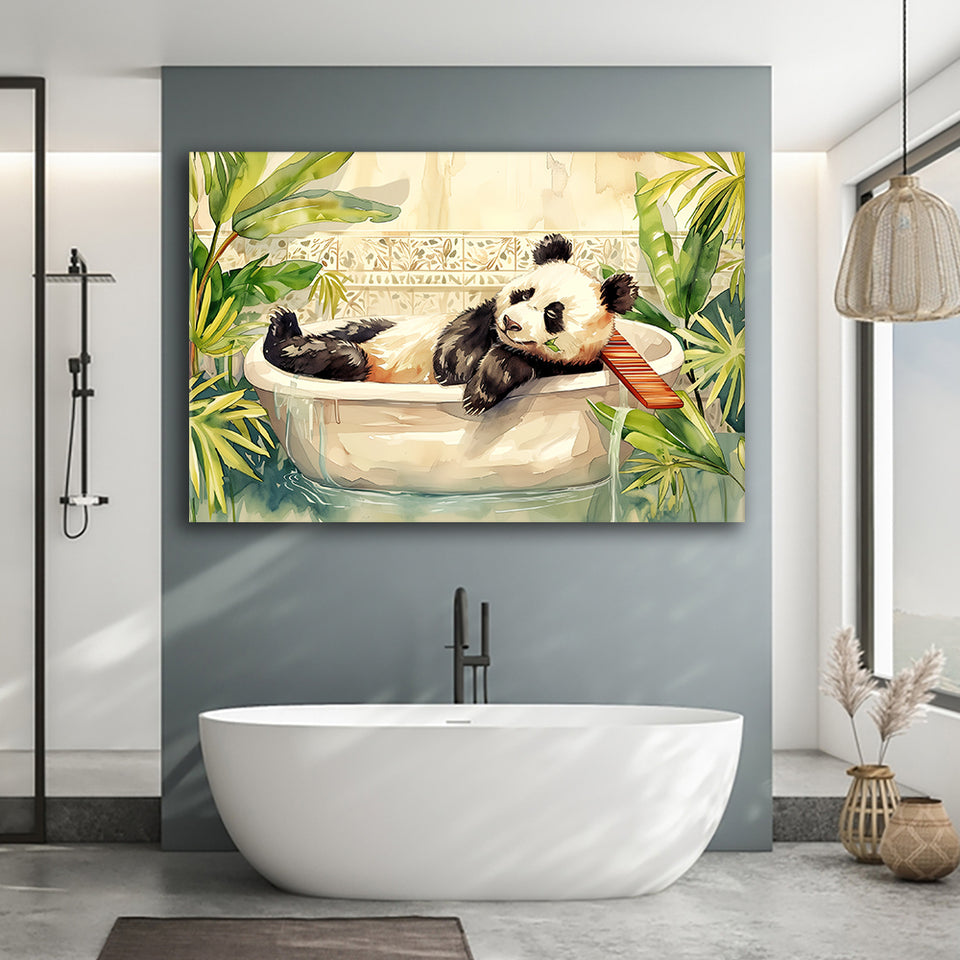 Cute Panda In Bathtub Bathroom Vintage Style, Bathroom Art Decor Canvas Prints Wall Art, Animal Bathroom Art