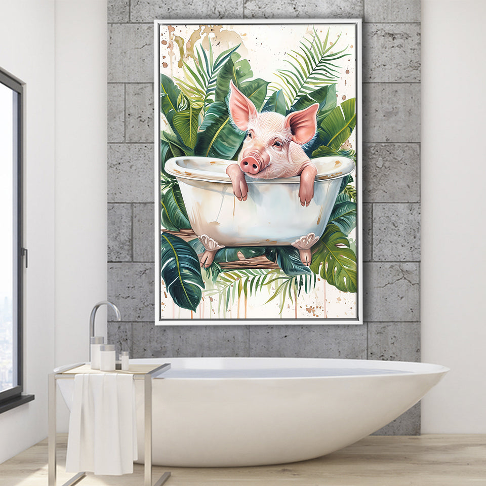 Cute Pink Pig In Bathtub Bathroom Decor Framed Canvas Prints Wall Art, Bathroom Framed Art Decor