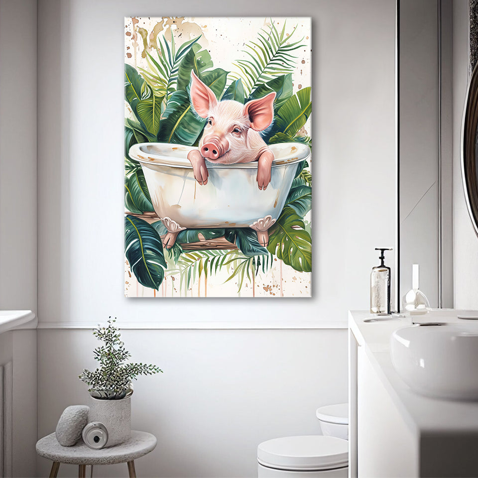 Cute Pink Pig In Bathtub Bathroom Decor Canvas Prints Wall Art, Bathroom Art Decor,