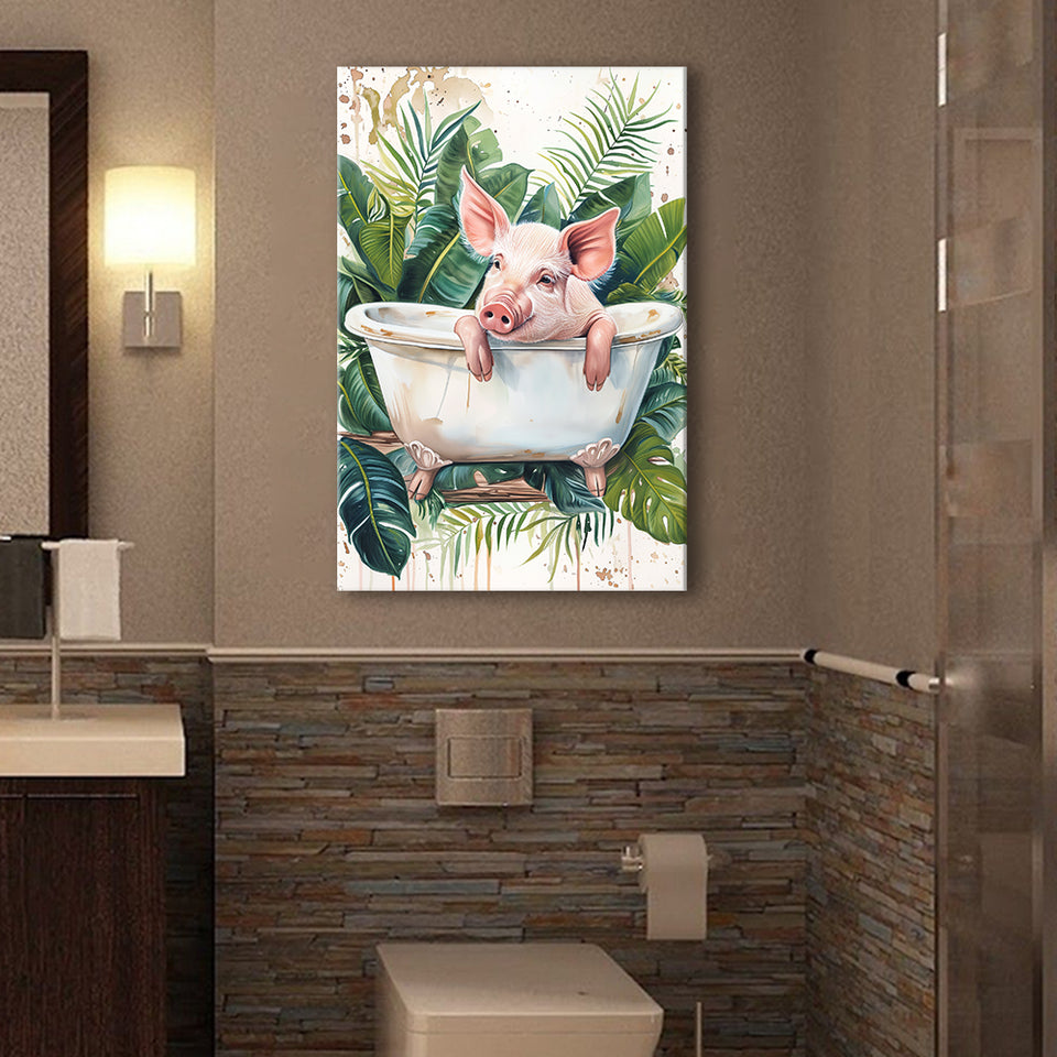 Cute Pink Pig In Bathtub Bathroom Decor Canvas Prints Wall Art, Bathroom Art Decor,