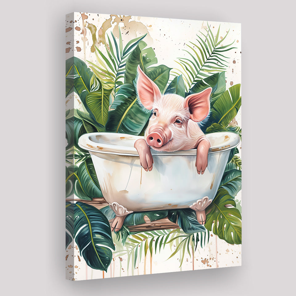 Cute Pink Pig In Bathtub Bathroom Decor Canvas Prints Wall Art, Bathroom Art Decor,