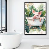 Cute Pink Pig In Bathtub Bathroom Decor Framed Art Print Wall Decor, Bathroom Framed Art Decor