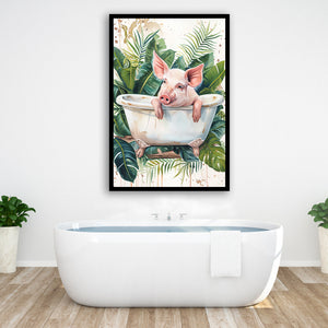 Cute Pink Pig In Bathtub Bathroom Decor Framed Art Print Wall Decor, Bathroom Framed Art Decor