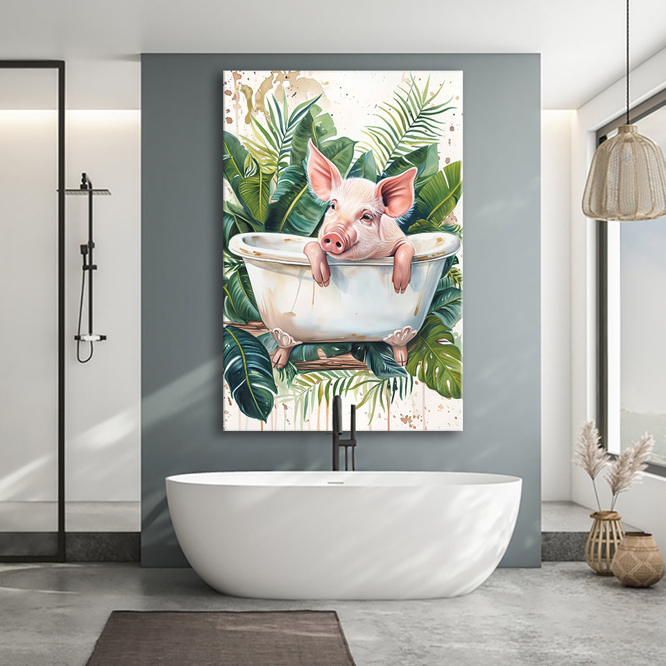 Cute Pink Pig In Bathtub Bathroom Decor Canvas Prints Wall Art, Bathroom Art Decor,