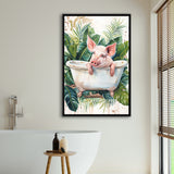 Cute Pink Pig In Bathtub Bathroom Decor Framed Canvas Prints Wall Art, Bathroom Framed Art Decor