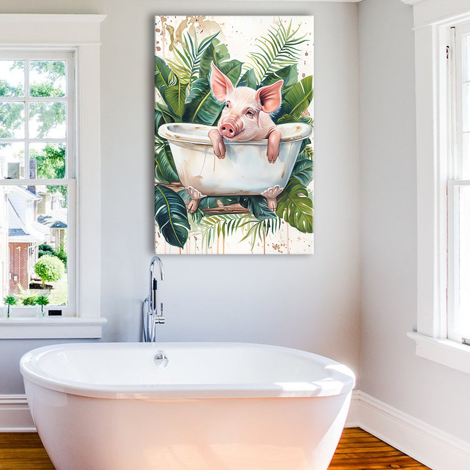 Cute Pink Pig In Bathtub Bathroom Decor Canvas Prints Wall Art, Bathroom Art Decor,