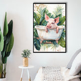 Cute Pink Pig In Bathtub Bathroom Decor Framed Canvas Prints Wall Art, Bathroom Framed Art Decor