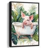 Cute Pink Pig In Bathtub Bathroom Decor Framed Canvas Prints Wall Art, Bathroom Framed Art Decor