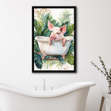 Cute Pink Pig In Bathtub Bathroom Decor Framed Canvas Prints Wall Art, Bathroom Framed Art Decor