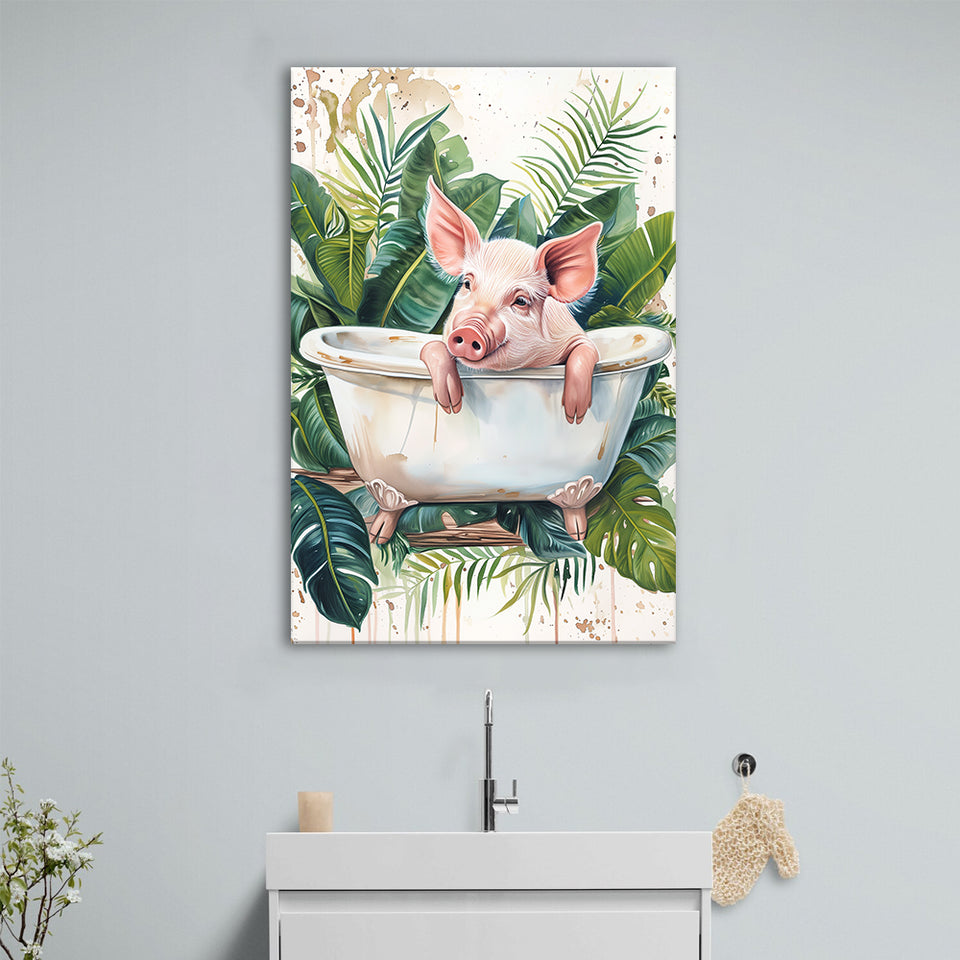 Cute Pink Pig In Bathtub Bathroom Decor Canvas Prints Wall Art, Bathroom Art Decor,