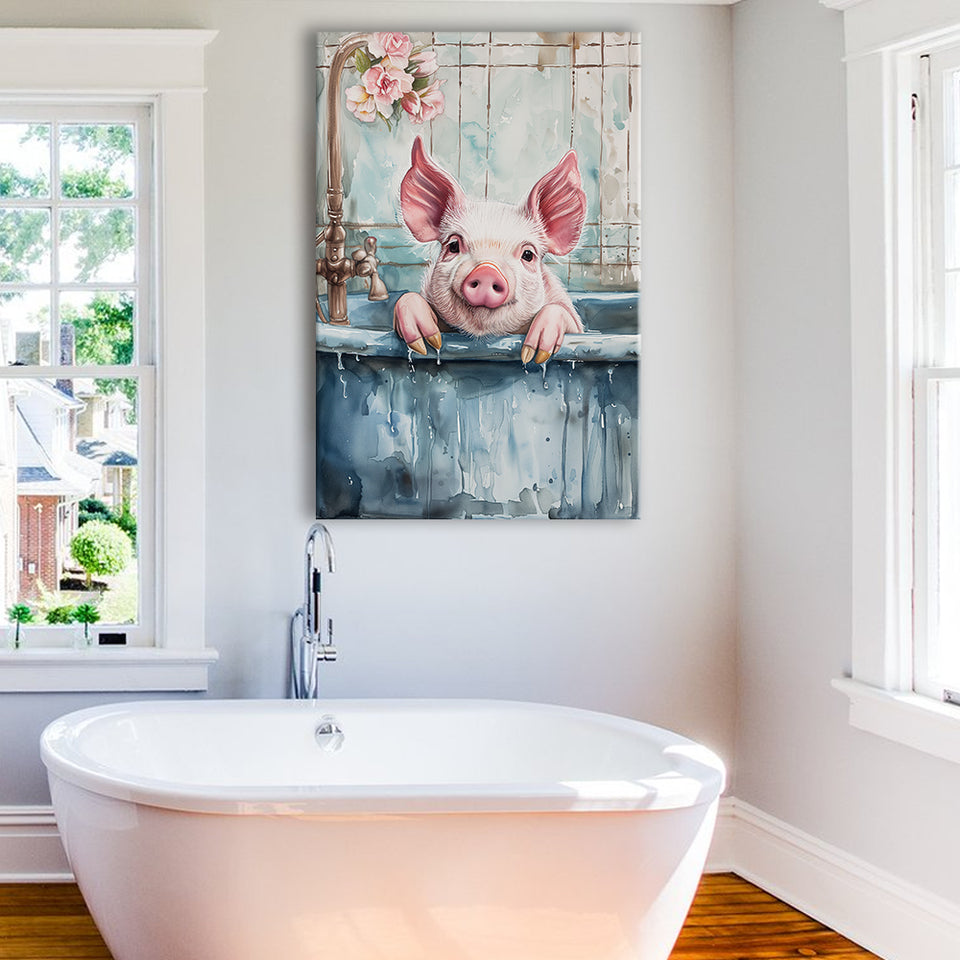 Cute Pink Pig In Bathtub Bathroom Decor Vintage Style Canvas Prints Wall Art, Bathroom Art Decor,