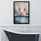Cute Pink Pig In Bathtub Bathroom Decor Vintage Style Framed Art Print Wall Decor, Bathroom Framed Art Decor