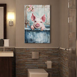 Cute Pink Pig In Bathtub Bathroom Decor Vintage Style Canvas Prints Wall Art, Bathroom Art Decor,