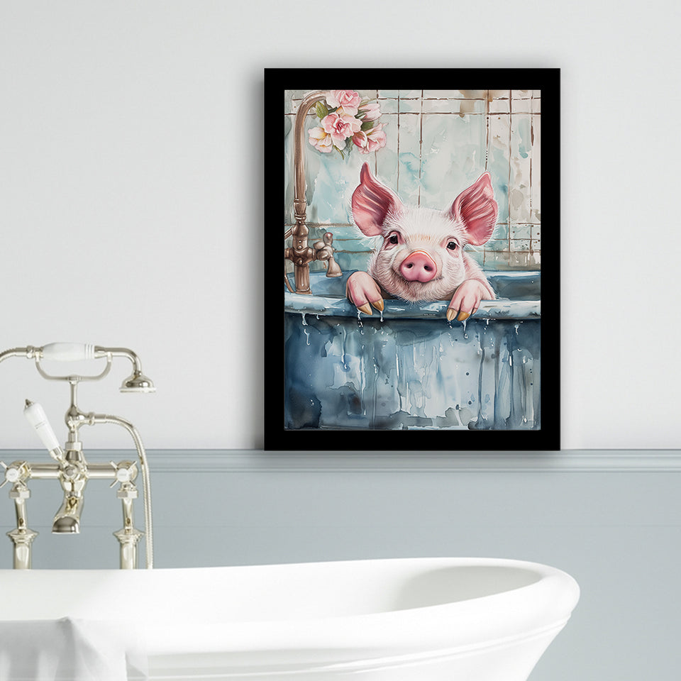 Cute Pink Pig In Bathtub Bathroom Decor Vintage Style Framed Art Print Wall Decor, Bathroom Framed Art Decor