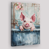 Cute Pink Pig In Bathtub Bathroom Decor Vintage Style Canvas Prints Wall Art, Bathroom Art Decor,