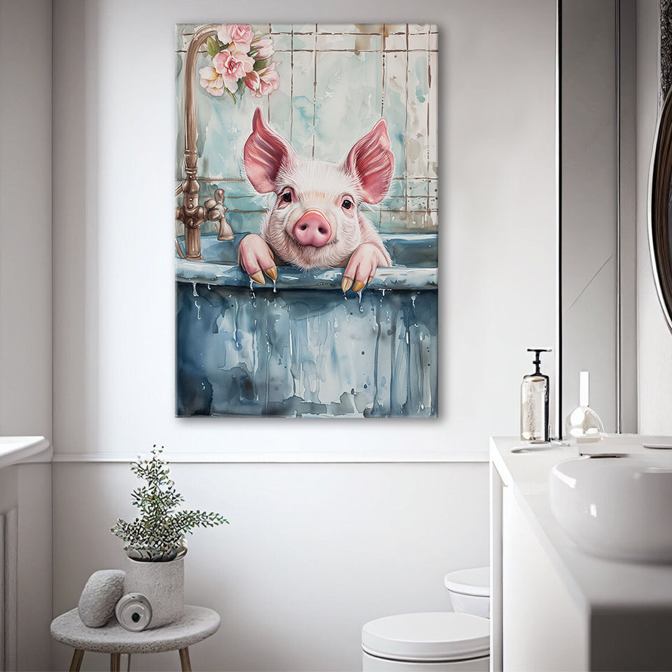 Cute Pink Pig In Bathtub Bathroom Decor Vintage Style Canvas Prints Wall Art, Bathroom Art Decor,