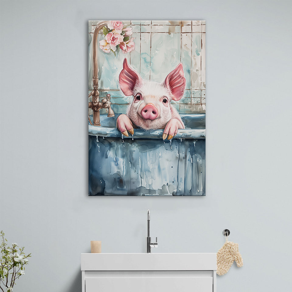 Cute Pink Pig In Bathtub Bathroom Decor Vintage Style Canvas Prints Wall Art, Bathroom Art Decor,