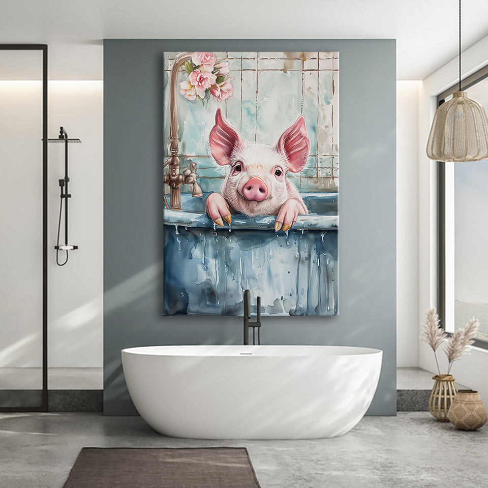 Cute Pink Pig In Bathtub Bathroom Decor Vintage Style Canvas Prints Wall Art, Bathroom Art Decor,