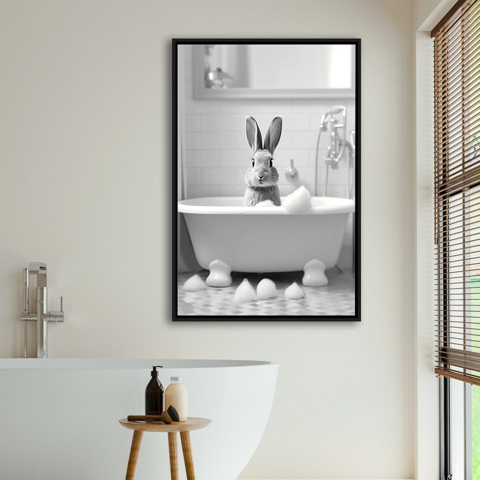 Cute Rabbit In Tub Printable Framed Canvas Prints Wall Art, Bathroom Kids Art, Bathroom Wall Decor