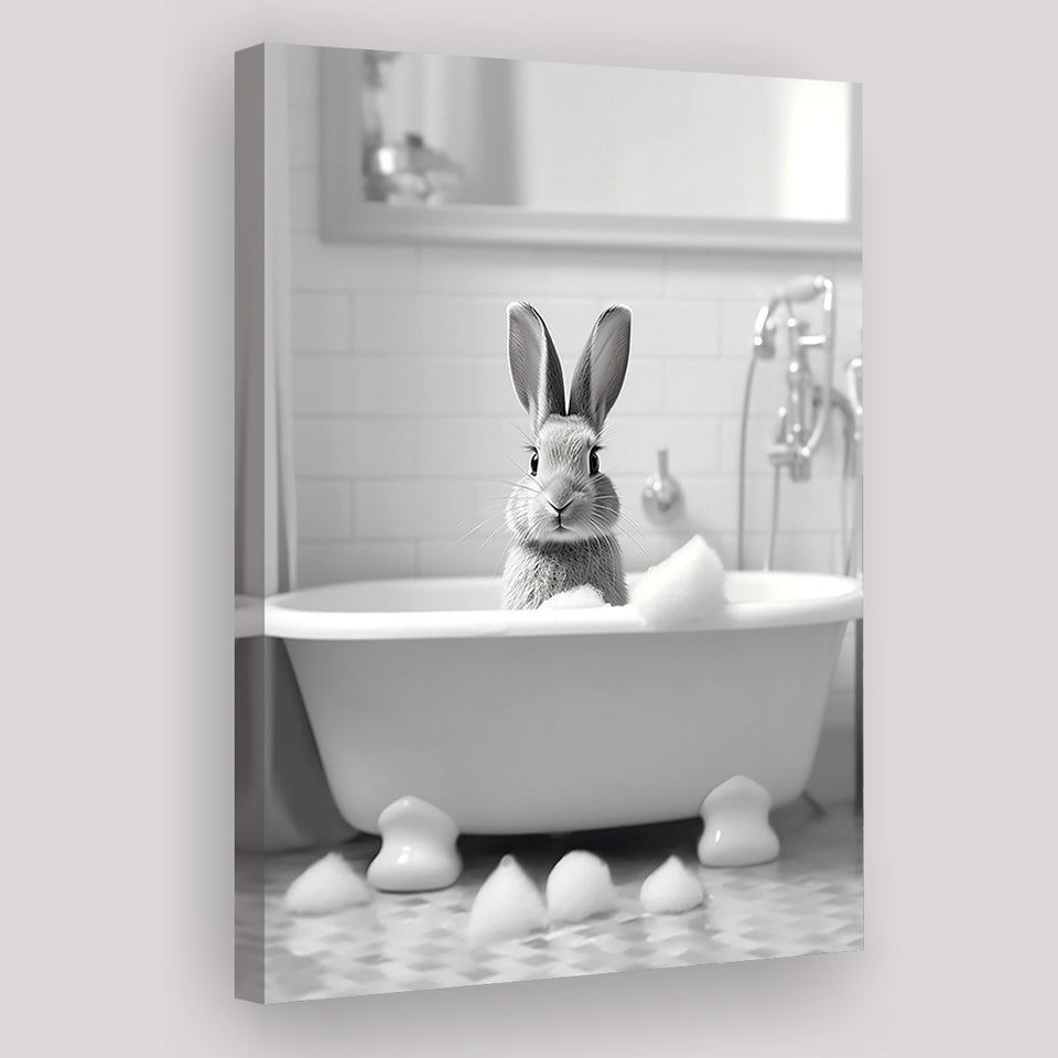 Cute Rabbit in Tub Printable Canvas Prints Wall Art, Bathroom kids art, Bathroom wall decor