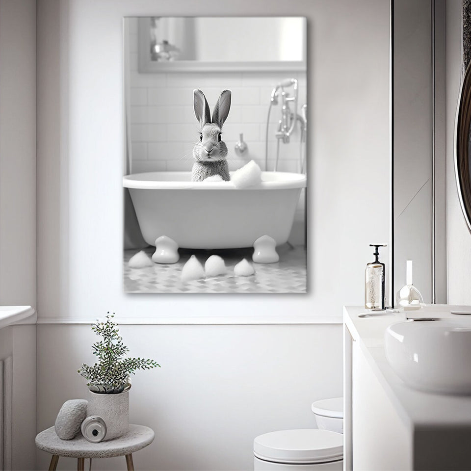 Cute Rabbit in Tub Printable Canvas Prints Wall Art, Bathroom kids art, Bathroom wall decor