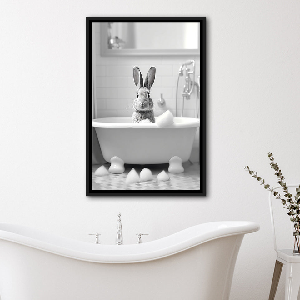 Cute Rabbit In Tub Printable Framed Canvas Prints Wall Art, Bathroom Kids Art, Bathroom Wall Decor